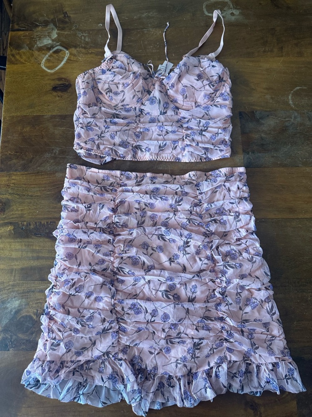 Victoria's Secret Pink Floral Ruched‎ Skirt Set with Purple Accents ladies L NWT